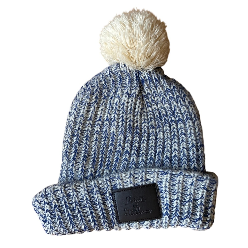 HitWear Points of Stillness Beanie OS Blue White Unisex Pom Pom Knit Hat